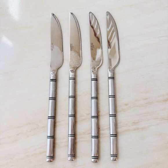 4pc Pier 1 Steak Knife 9” 18/8 Stainless Serrated Satin Ribbed/Bamboo Handle - Picture 1 of 8